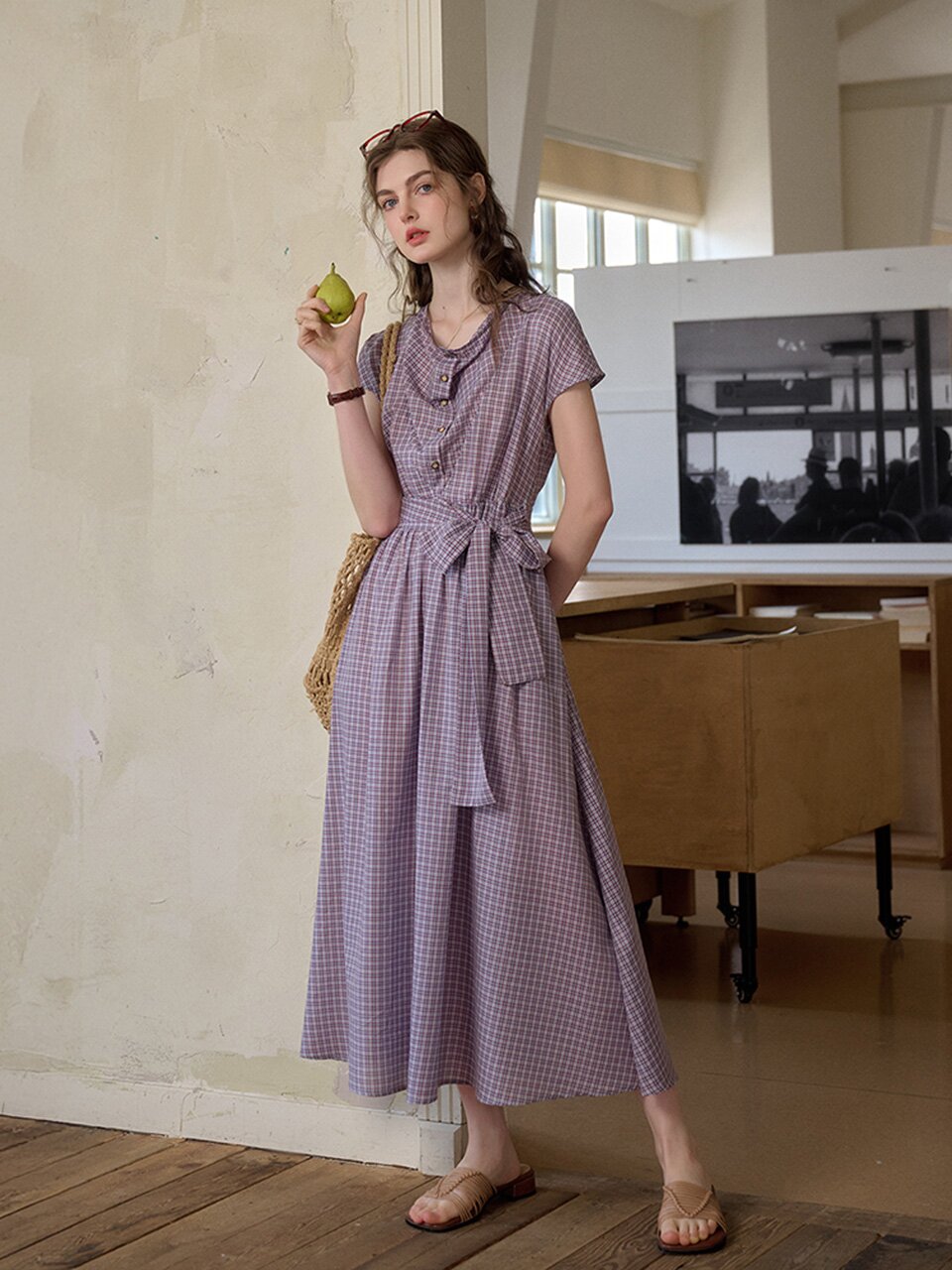 SR_Check swing neck tencel dress