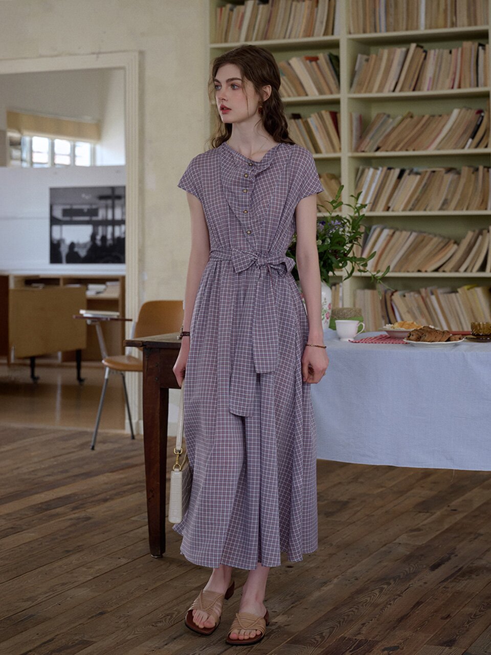 SR_Check swing neck tencel dress