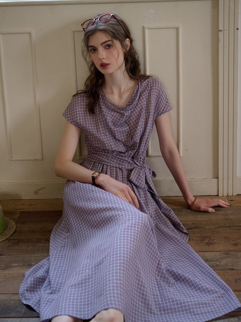SR_Check swing neck tencel dress