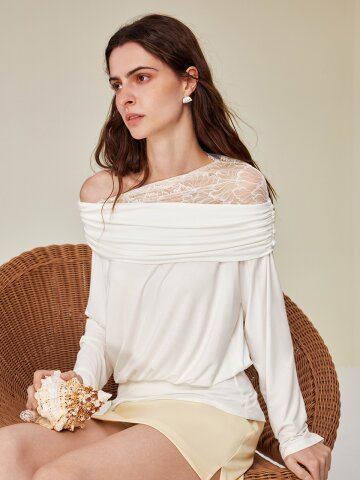 YY_Lace straight shoulder white top