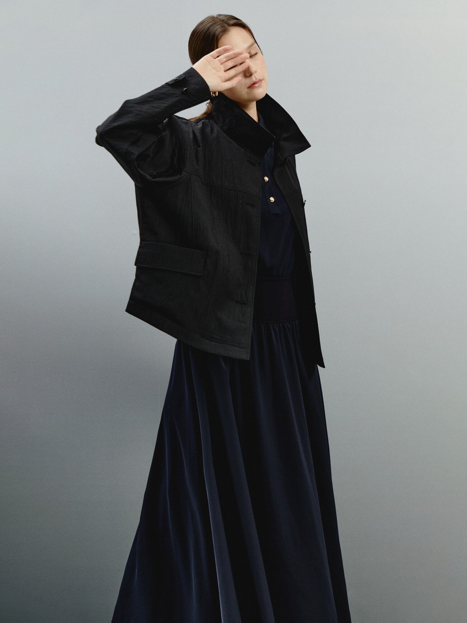 카라 버튼업 미드 점퍼 (BLACK)