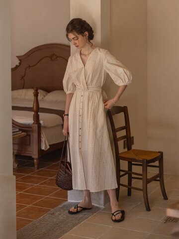 DA_V-neck craft wash cotton dress