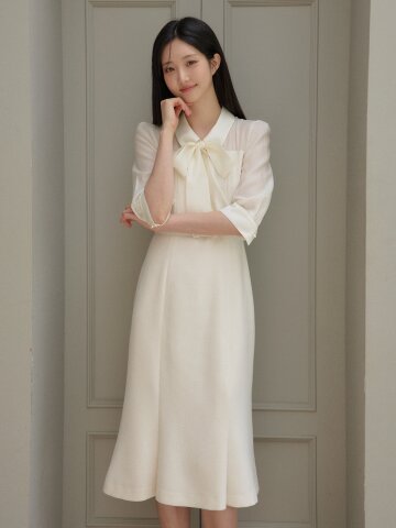 타이 시스루 배색 원피스 벨트 세트 