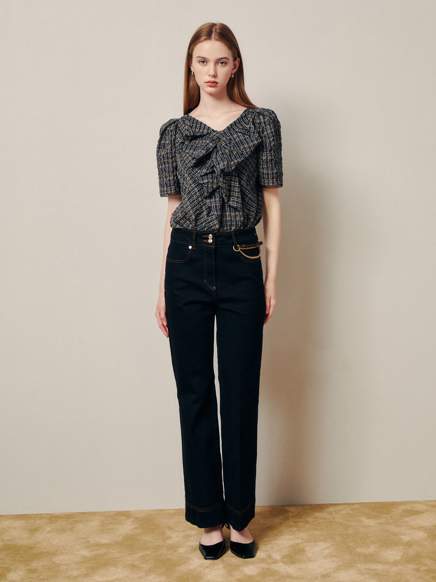 테일러링 실루엣 체인 스트레이트 진 (BLACK)