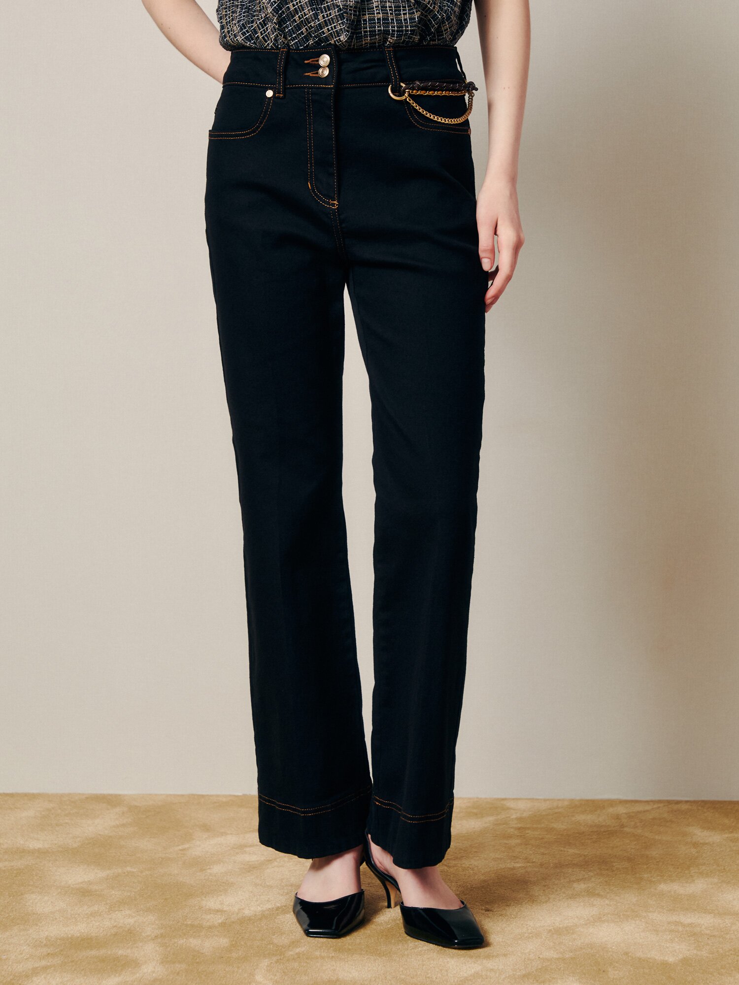테일러링 실루엣 체인 스트레이트 진 (BLACK)