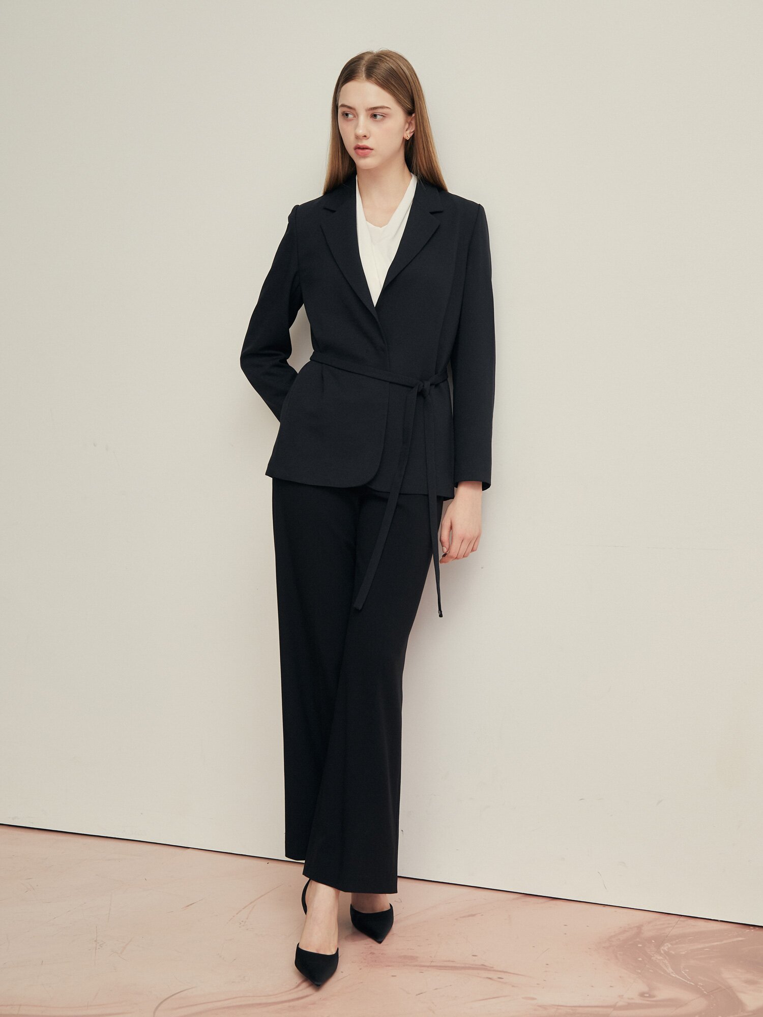 원버클 오픈넥 칼라 벨티드 자켓 (BLACK)