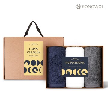 송월타올 2025 해피 추석 한가위 달 토끼 감사카드 고중량 190g 호텔수건 3매 선물세트 + 쇼핑백