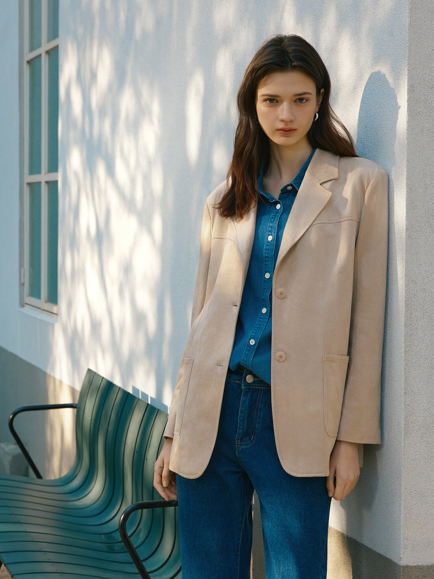 오픈 칼라 스웨이드 자켓 (LIGHT BEIGE)