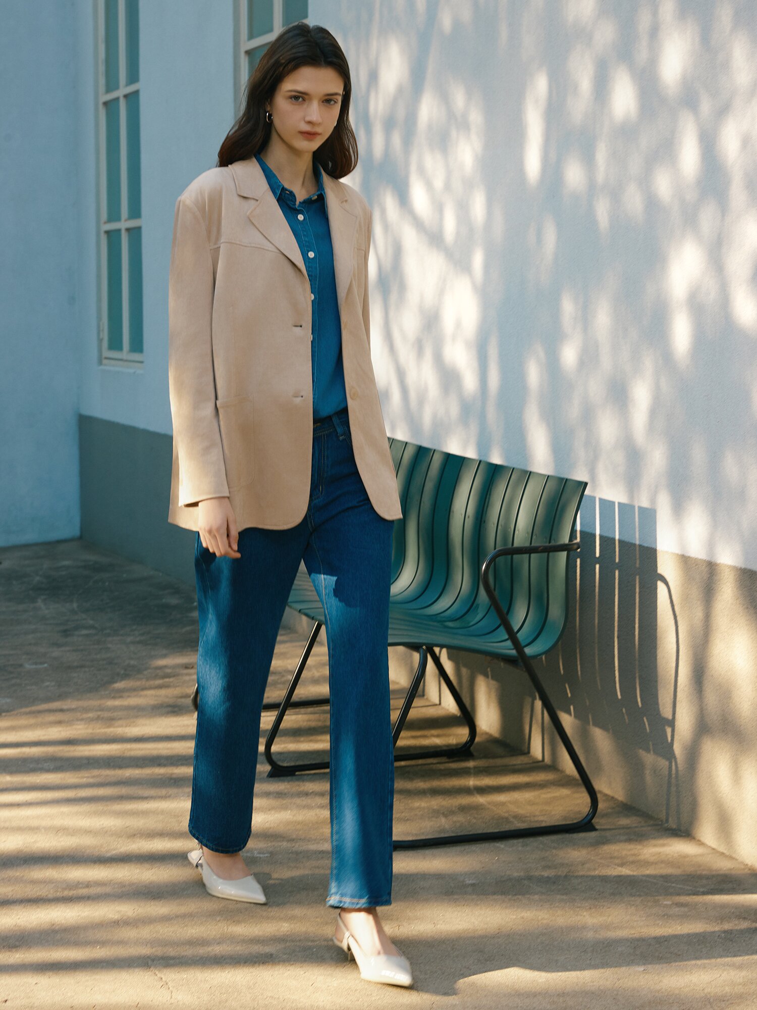 오픈 칼라 스웨이드 자켓 (LIGHT BEIGE)