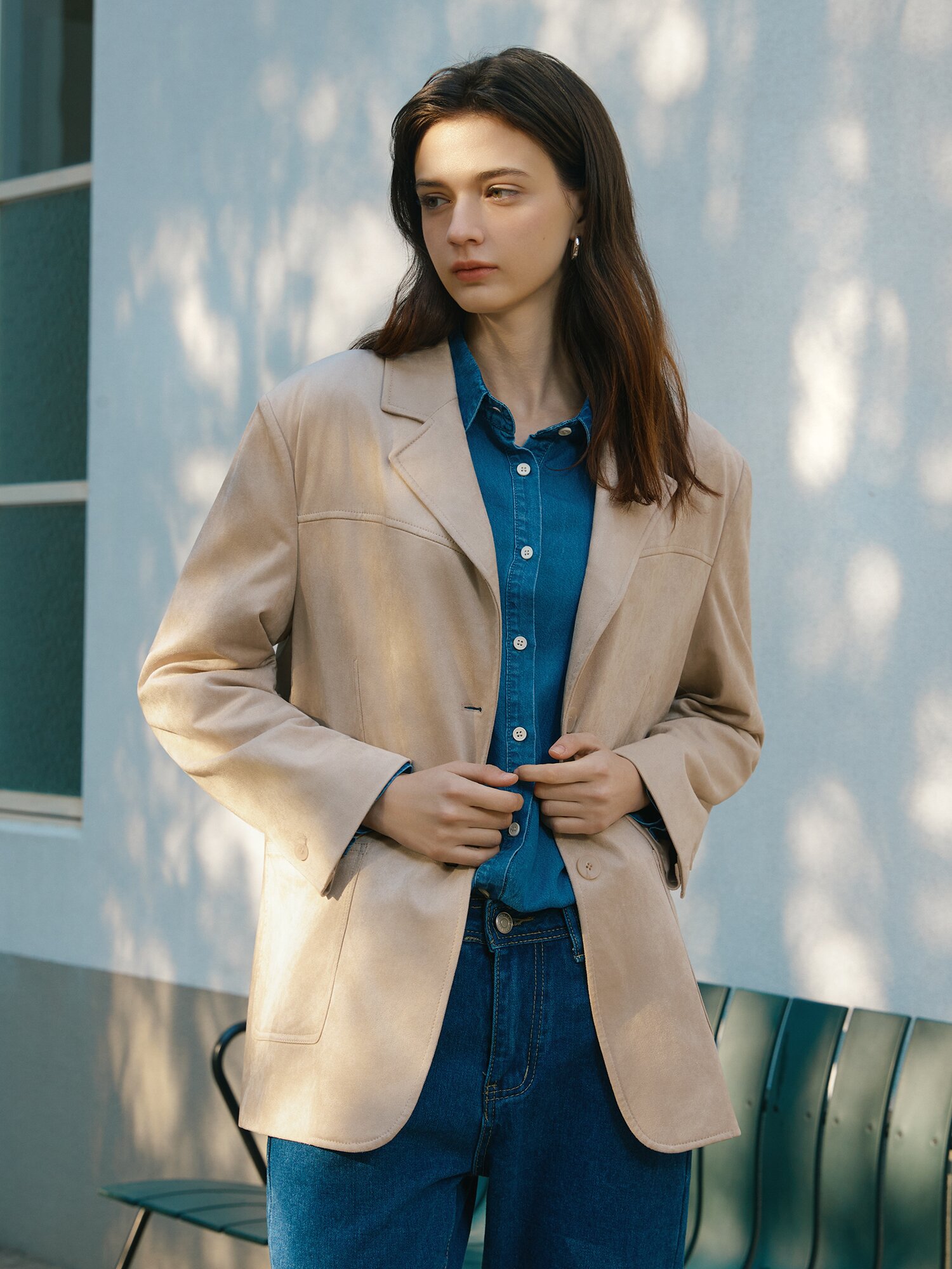 오픈 칼라 스웨이드 자켓 (LIGHT BEIGE)