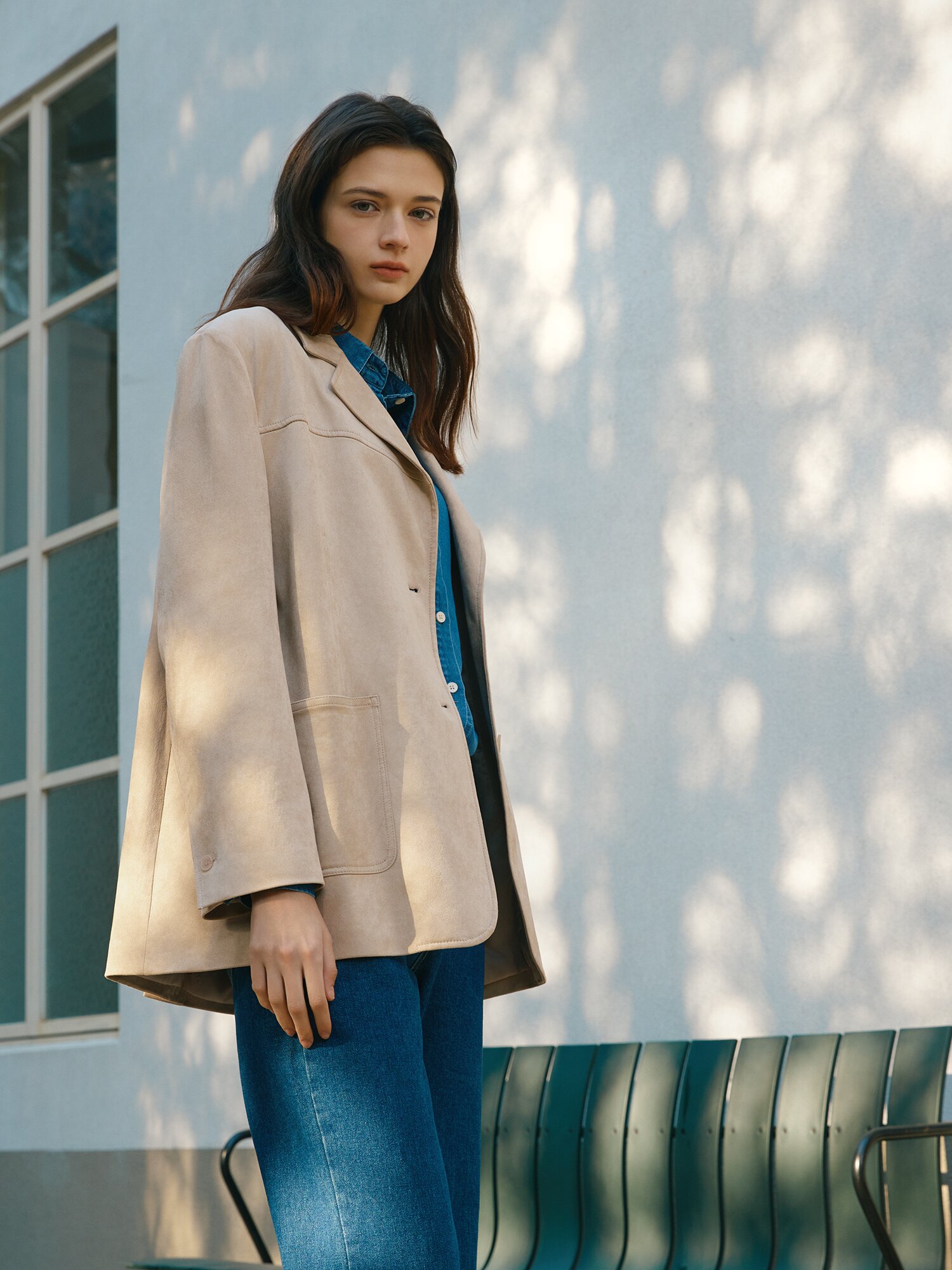 오픈 칼라 스웨이드 자켓 (LIGHT BEIGE)