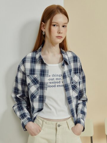 체크 넥 칼라 긴팔 블라우스 + 나시 세트 