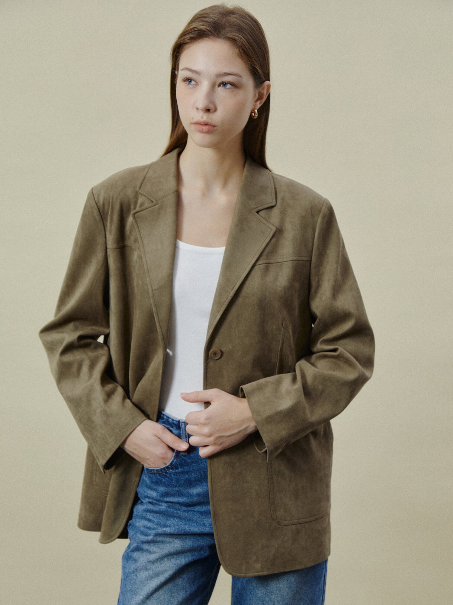 오픈 칼라 스웨이드 자켓 (KHAKI)