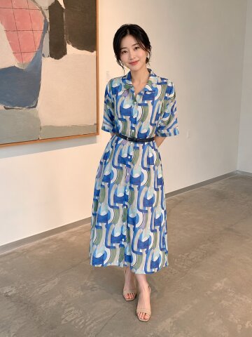 벨티드 플레어 셔츠 넥 원피스 