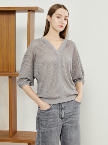 메쉬 글리터 브이넥 반팔 니트 