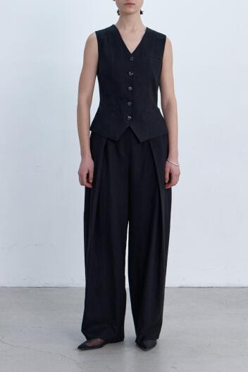 NATURAL LINEN VEST SUIT SETUP BLACK