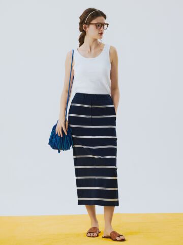 stripe cotton long skirt navy