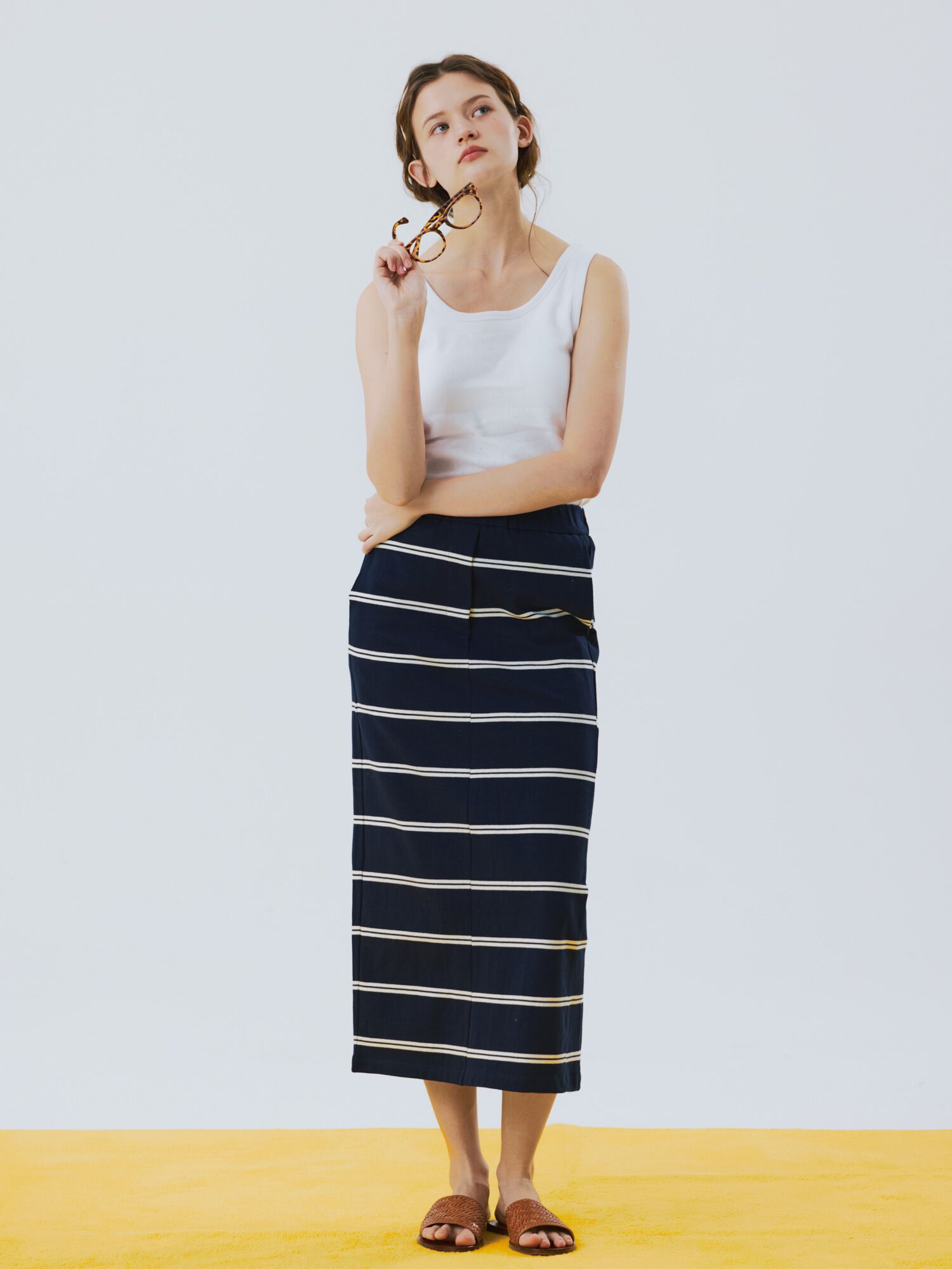stripe cotton long skirt navy