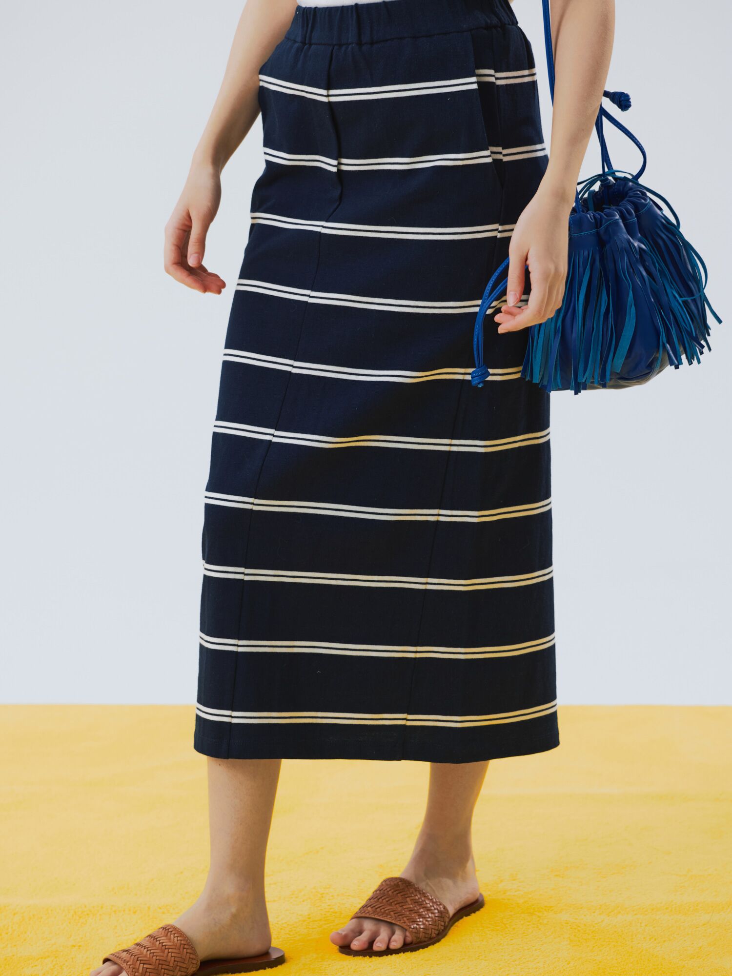 stripe cotton long skirt navy