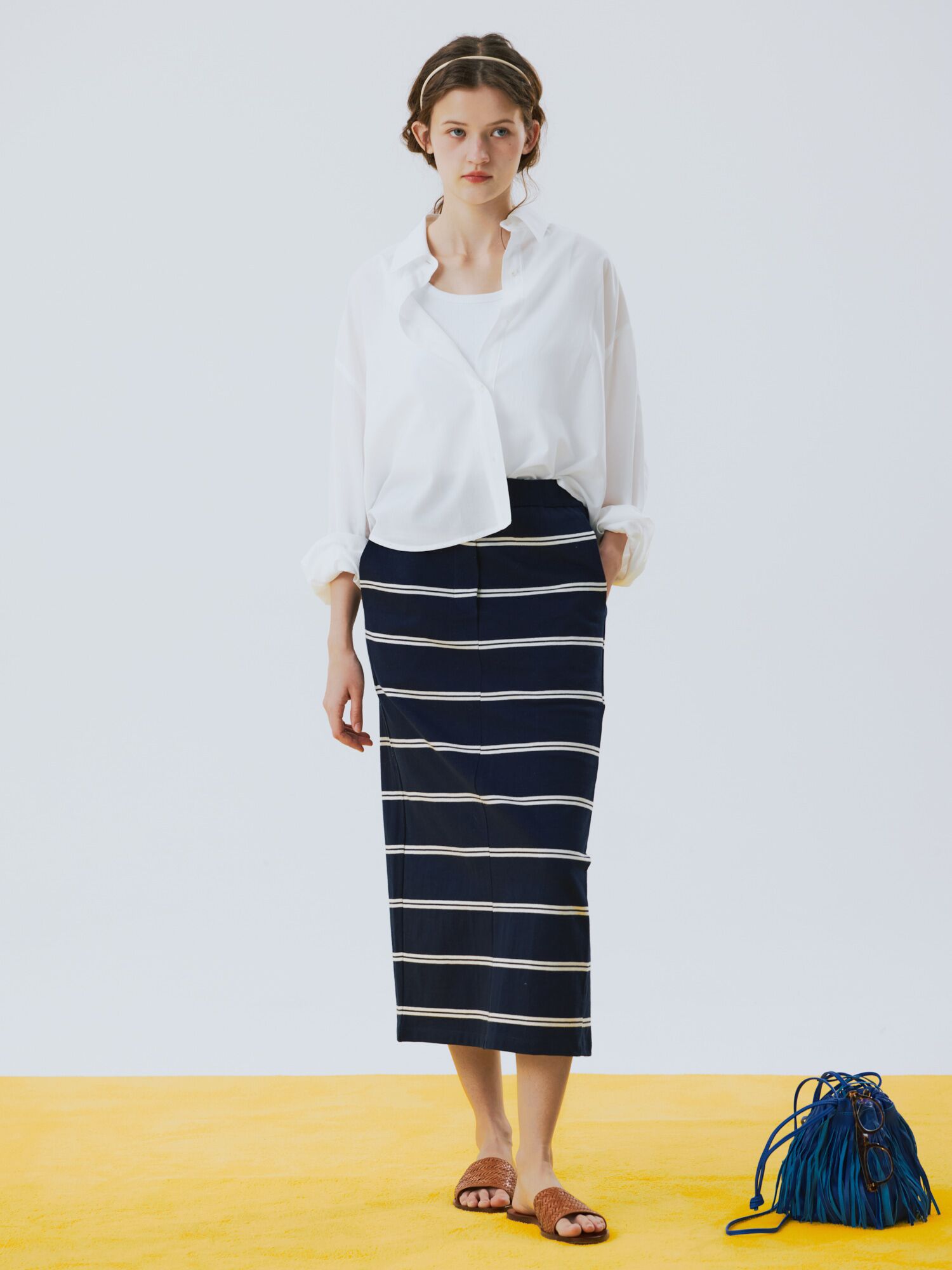 stripe cotton long skirt navy