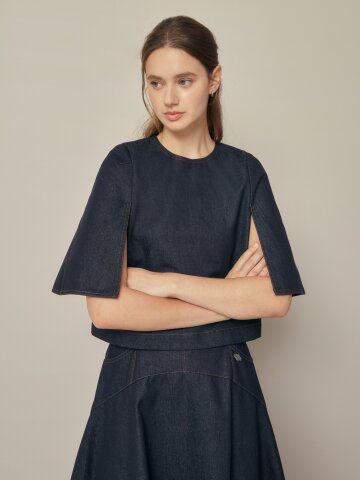 데님 리본백오픈 블라우스  