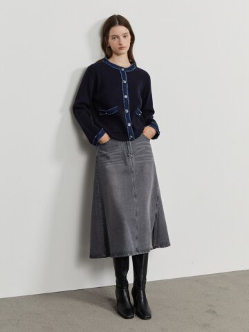 데님 프린지 트리밍 버튼 니트 가디건 