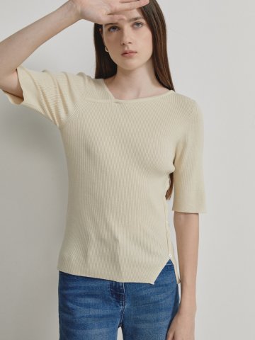 사이드 버튼 골지 니트 하프 슬리브 