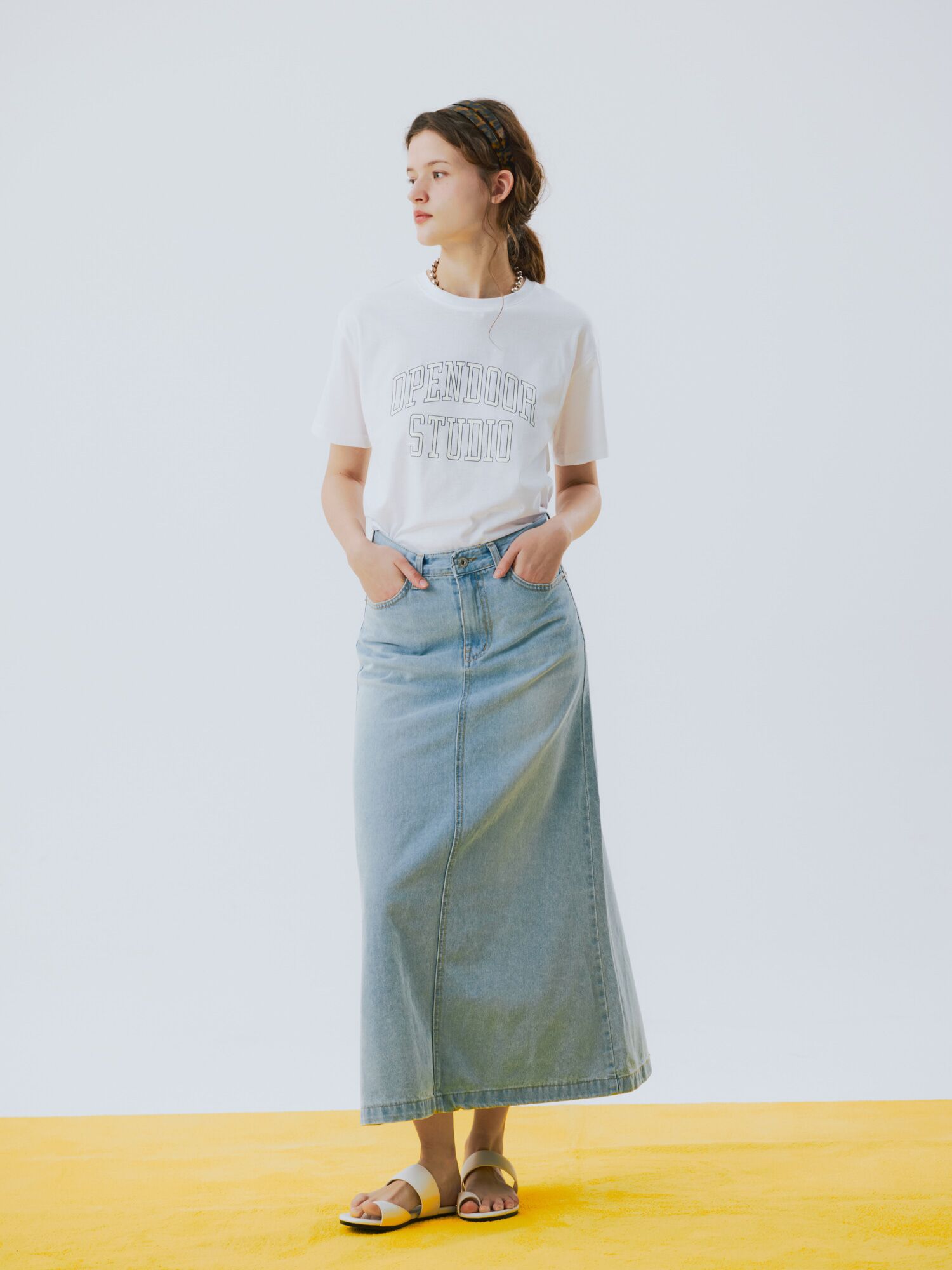 6poket denim long skirt blue