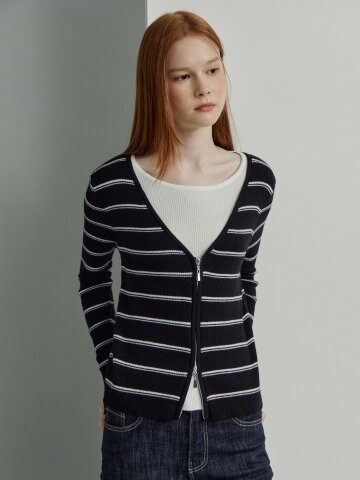 레이어드 스트라이프 브이넥 집업 니트 