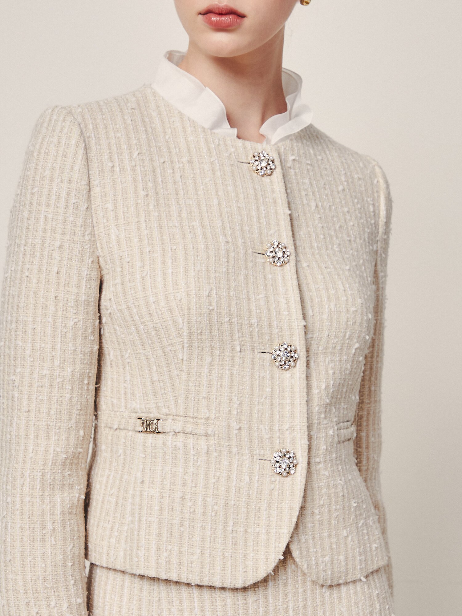 스톤 라운드넥 크롭 트위드 재킷 (LIGHT BEIGE)