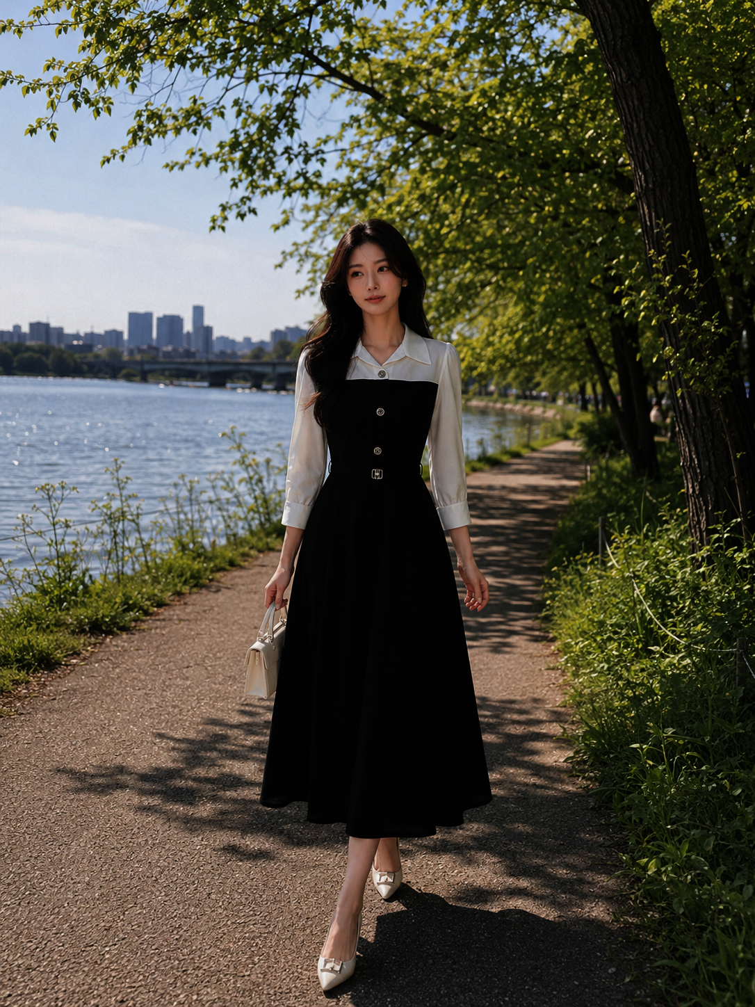 셔츠배색 벨티드 원피스 (BLACK)