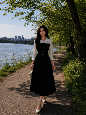 셔츠배색 벨티드 원피스 