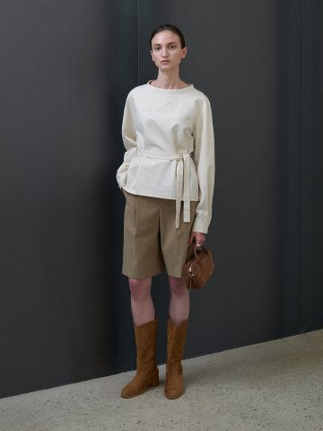 Front tuck bermuda cotton pants_BROWN