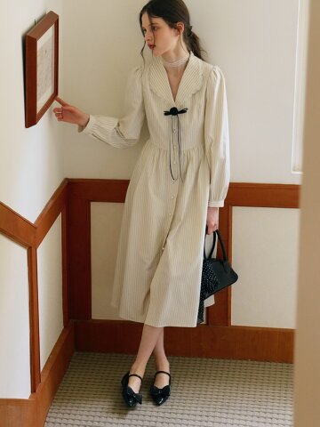 Cest_Striped pearl button shirt dress