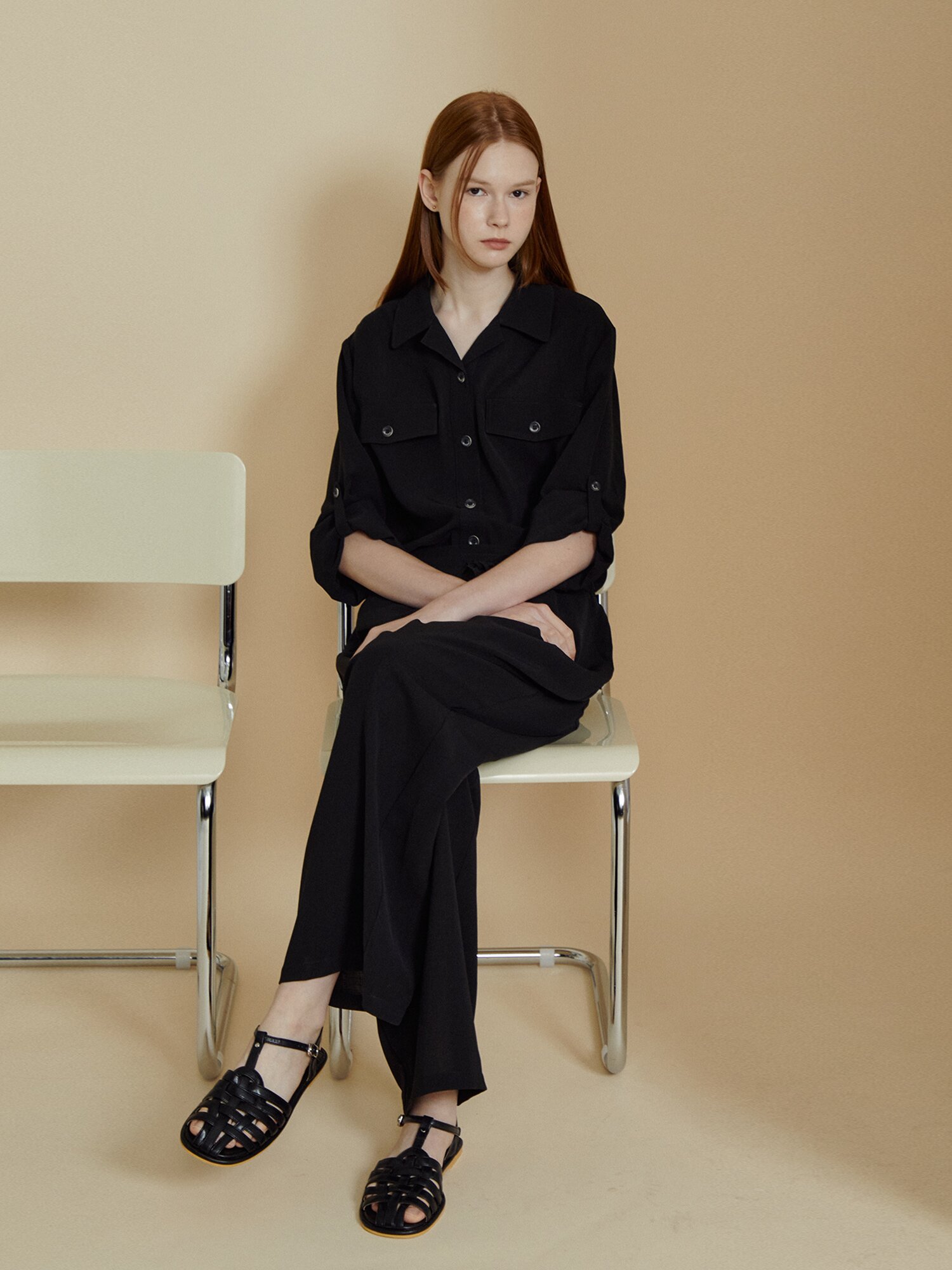 투 포켓 셋업 칼라 셔츠 블라우스 (BLACK)