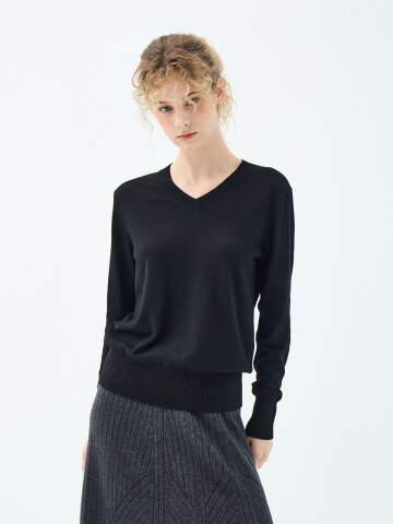 캐시미어 블렌디드 베이직 아네모네 브이넥 풀오버 (UFKKVN321N-BLACK)