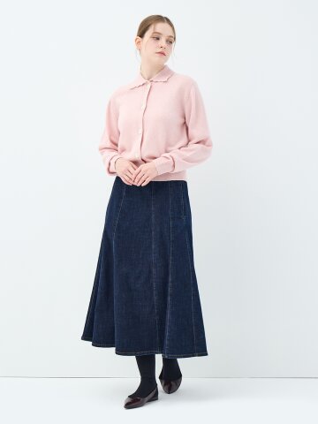 데님 플리츠 플레어 선플라워 스커트 (UFKWBS385N-DENIM)