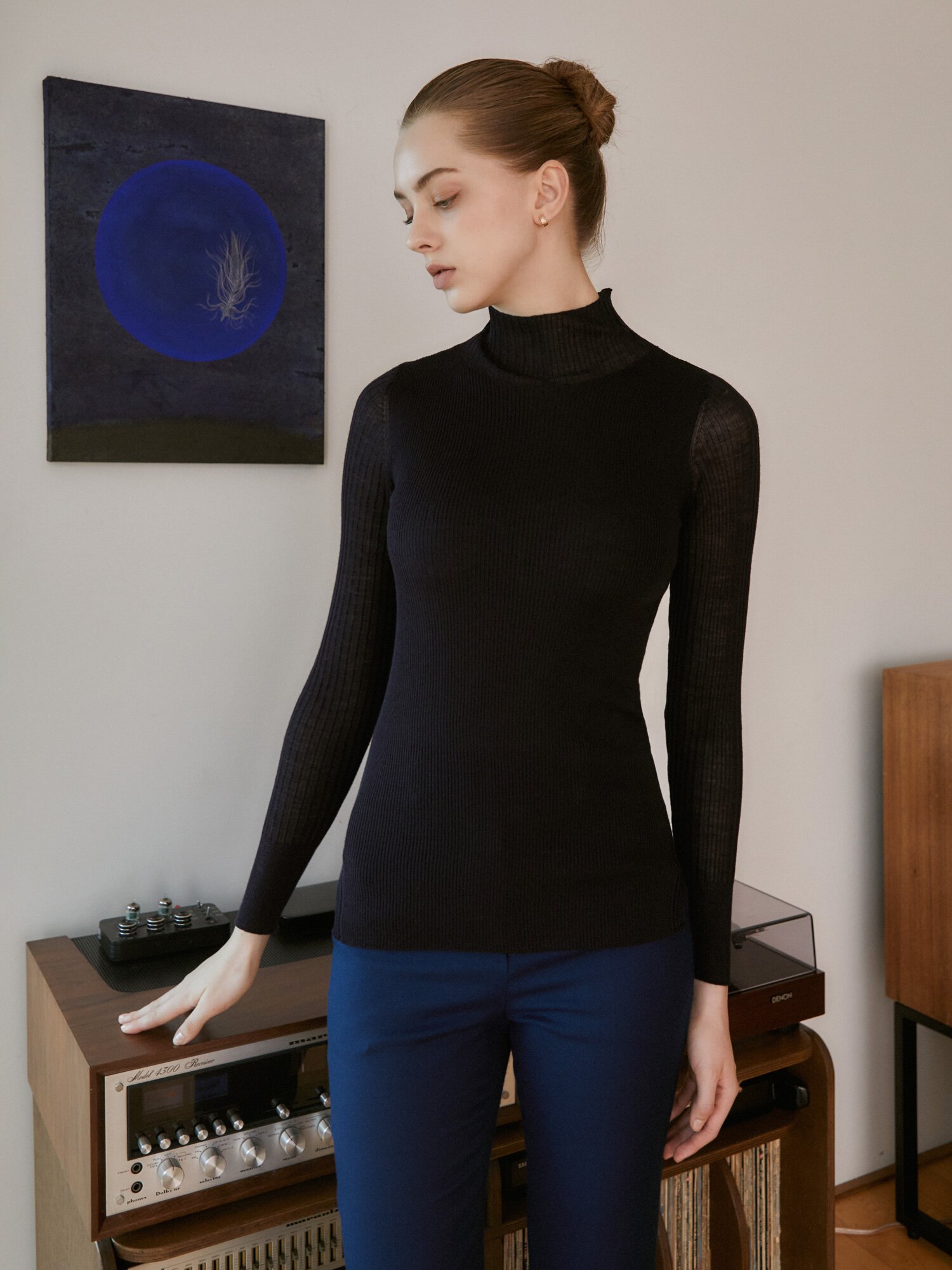 울 프릴넥 풀오버 니트 (NAVY)