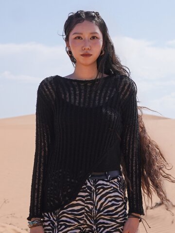 SOLÉVIA 비대칭 절개 시스루 니트 긴팔 이너 슬리브리스 세트 간절기 유니크 하이엔드_블랙