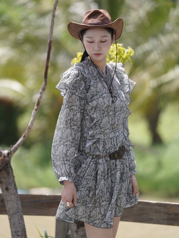 SOLÉVIA 에스닉 패턴 프릴 캉캉 미니원피스 하이엔드 유니크_그린