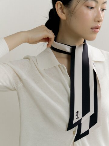 Frame Long Twilly Silk Scarf - Black/Cream