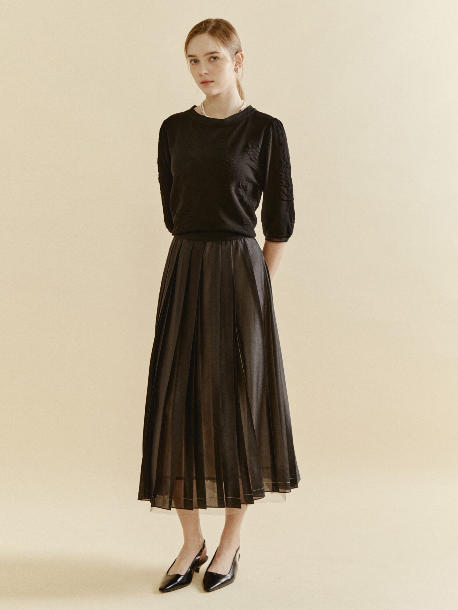 뮤트 쉬폰 플리츠 스커트 (BLACK)