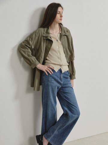 글로시 비스코스 하이넥 스트링 집업 점퍼 