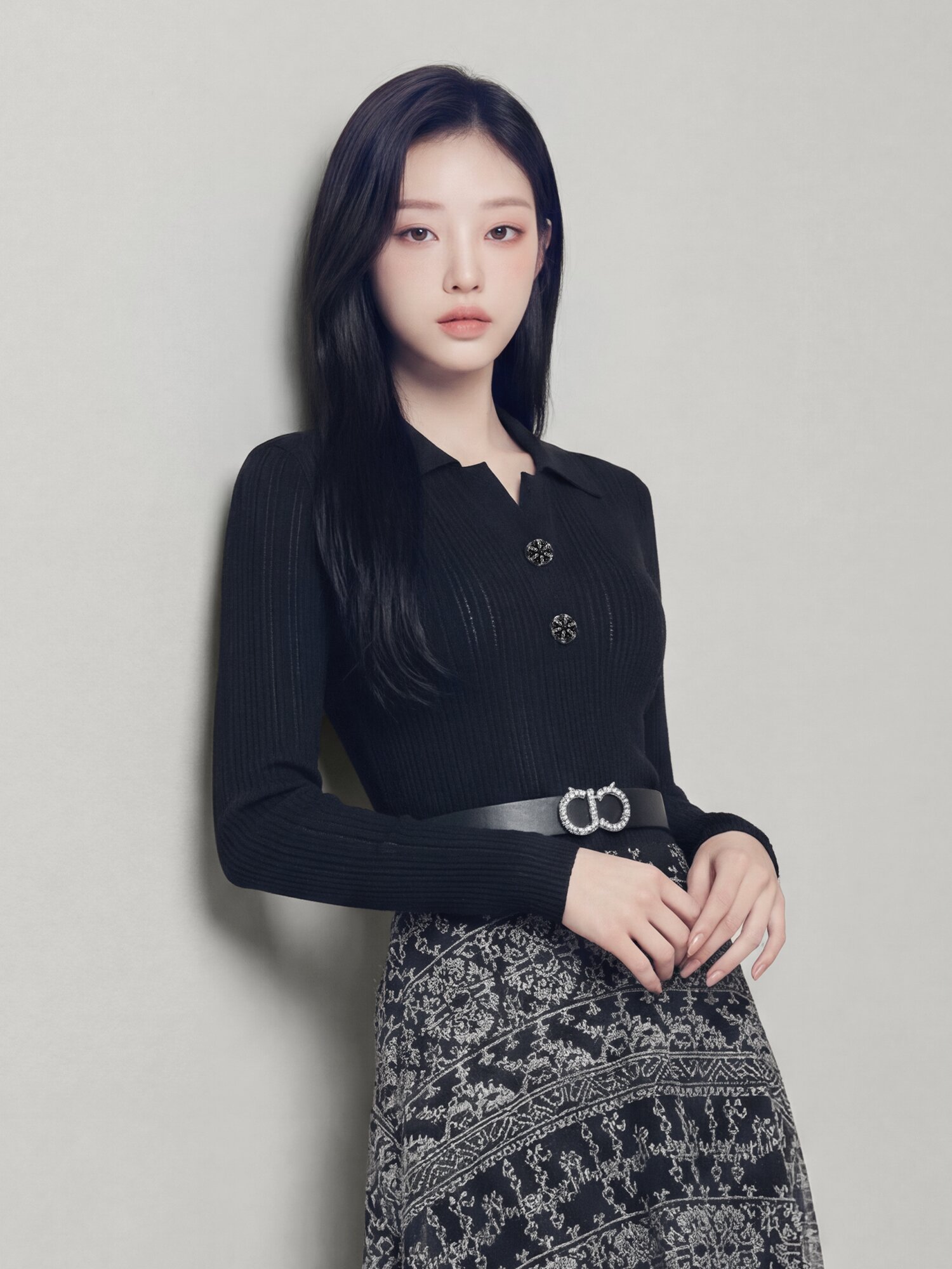 크로셰 오픈 칼라 롱 플레어 니트 원피스 (BLACK)
