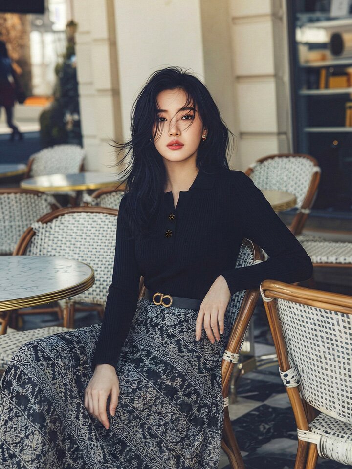 크로셰 오픈 칼라 롱 플레어 니트 원피스 (BLACK)