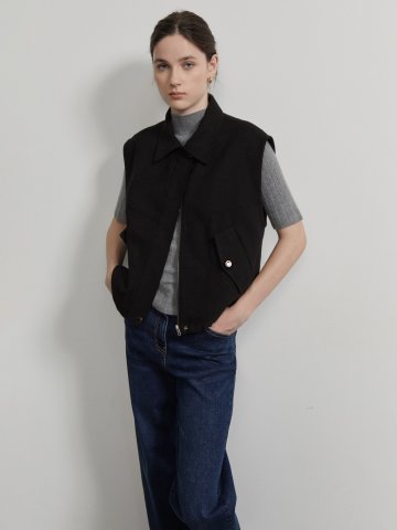 트위드 텍스처 스트링 싱글 칼라 집업 베스트 