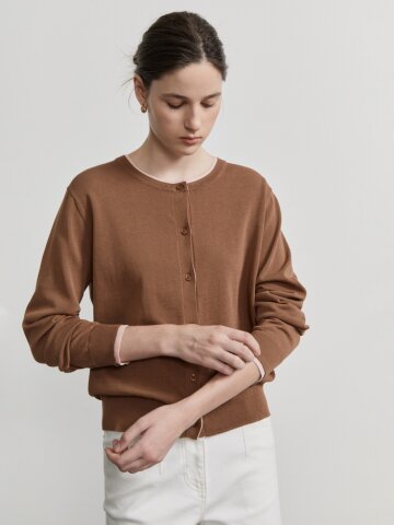 코튼 레이어드 라운드넥 니트 가디건 