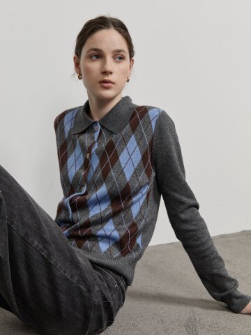 아가일 패턴 칼라 니트 가디건 