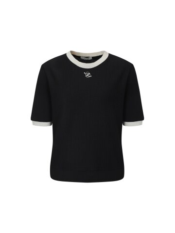 하프 슬리브 와플 텍스처 배색 티셔츠 