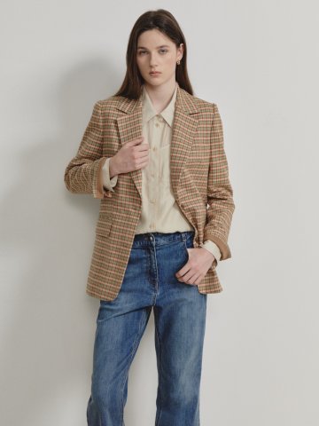 체크 테일러드 패치 포인트 투 버튼 재킷 